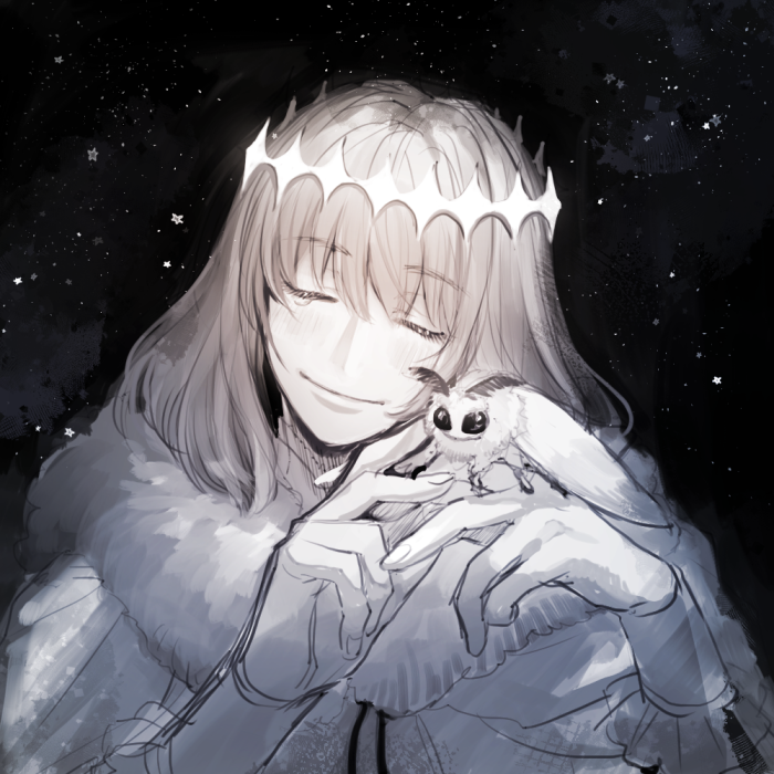 1boy animal_on_hand black_background blanca_(fate) bug cape closed_eyes closed_mouth diamond_hairband facing_viewer fate/grand_order fate_(series) frontierpax gloves light_particles long_sleeves male_focus medium_hair monochrome moth_on_hand oberon_(fate) smile solo upper_body white_cape white_gloves
