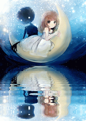 1boy 1girl animated animated_gif bare_shoulders blunt_bangs brown_hair closed_mouth commentary crescent_moon deemo deemo_(character) dress girl_(deemo) grey_eyes lake long_dress long_hair looking_at_viewer lowres moon night night_sky on_moon outdoors reflection reflective_water sitting sky sleeveless sleeveless_dress smile solid_circle_eyes star_(sky) suzune_hapinesu symbol-only_commentary white_dress white_eyes