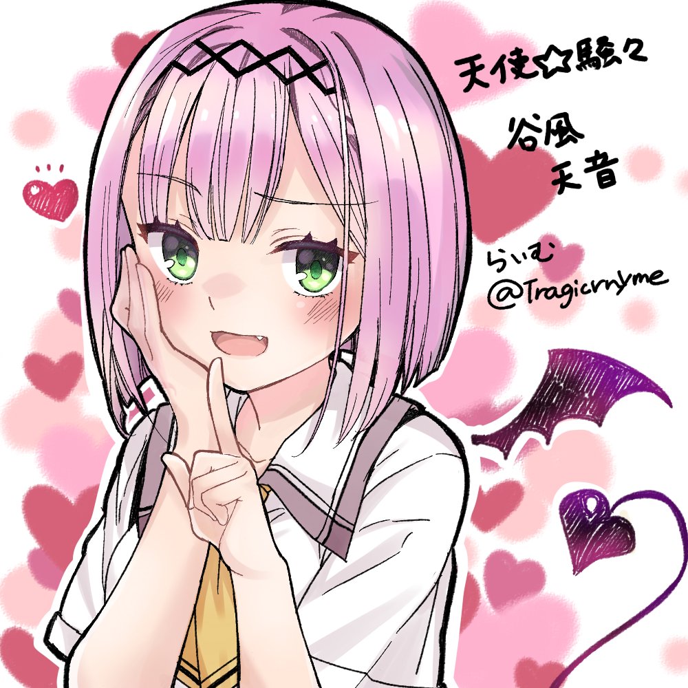 1girl :d artist_name black_hairband blunt_bangs blush bob_cut character_name copyright_name demon_tail demon_wings drawn_tail drawn_wings eyelashes fang furrowed_brow green_eyes hairband hand_on_own_cheek hand_on_own_face heart heart_background index_finger_raised looking_at_viewer medium_hair neckerchief open_mouth pink_hair school_uniform shikishi shirt short_sleeves simple_background smile solo straight_hair tail tanikaze_amane tenshi_souzou tragicrhyme twitter_username upper_body white_background white_shirt wing_collar wings yellow_neckerchief