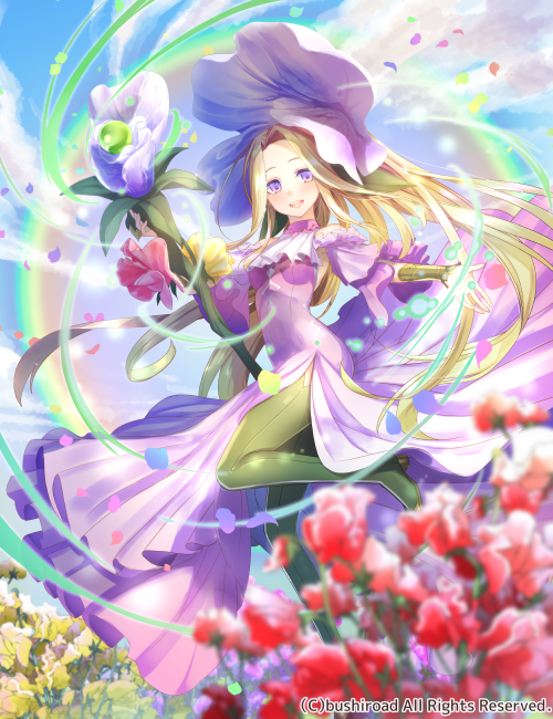 1girl :d aura blonde_hair boots bracer breasts cardfight!!_vanguard clouds day detached_sleeves dress falling_petals flower flower_hat foot_out_of_frame frilled_sleeves frills green_footwear halter_dress halterneck holding holding_staff long_dress long_sleeves looking_at_viewer mage_staff medium_breasts official_art ori_simo outstretched_hand parted_bangs petals pleated_dress purple_dress purple_flower purple_headwear red_flower side_slit smile solo staff standing standing_on_one_leg teeth thigh_boots upper_teeth_only violet_eyes yellow_flower
