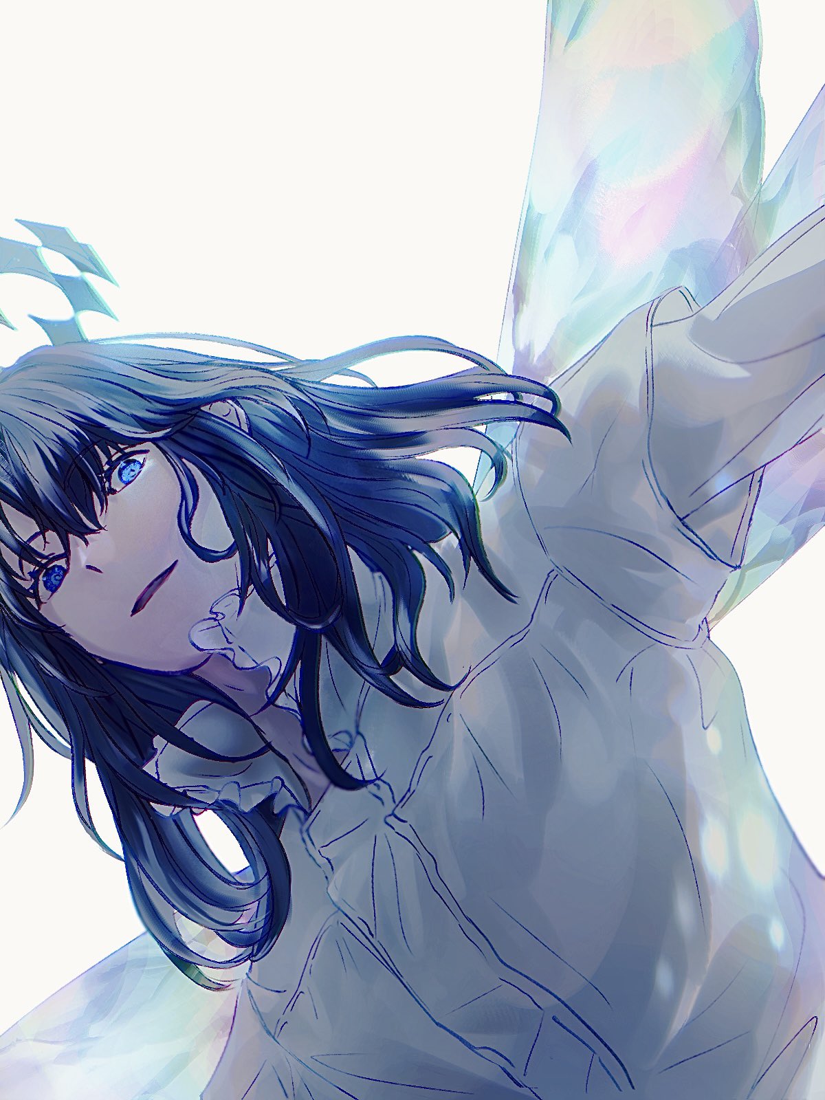 1boy black_hair blue_eyes dragonfly_wings dress_shirt eyelashes fate/grand_order fate_(series) frilled_shirt_collar frills from_below highres long_sleeves male_focus medium_hair oberon_(fate) oberon_(third_ascension)_(fate) open_mouth outstretched_arms pistachiohyeah shirt simple_background solo white_background white_shirt