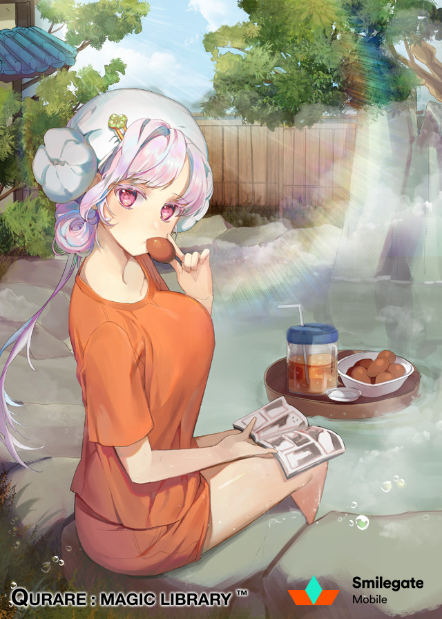 1girl book breasts company_name copyright_name day drink drinking_straw eating egg egg_(food) feet_out_of_frame fence flower food from_side hair_bun hair_flower hair_ornament hairclip holding holding_book holding_egg jar large_breasts long_hair looking_at_viewer looking_to_the_side manga_(object) official_art onsen open_book orange_shirt orange_shorts pink_eyes pink_hair qurare_magic_library rainbow rock rwael shirt short_shorts short_sleeves shorts single_hair_bun sitting soaking_feet solo steam swept_bangs t-shirt towel towel_on_head tray tree water wooden_fence