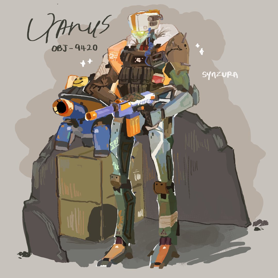 1boy armor artist_name box brand_name_imitation bulletproof_vest camera_eyes cannon cardboard_box character_name commentary english_commentary full_body girls'_frontline_neural_cloud girls_frontline gun hand_on_weapon holding holding_gun holding_weapon humanoid_robot joints looking_to_the_side male_focus nerf_gun no_humans non-humanoid_robot robot rubble sketch smiley_face sparkle standing synzura uranus_(neural_cloud) vest weapon