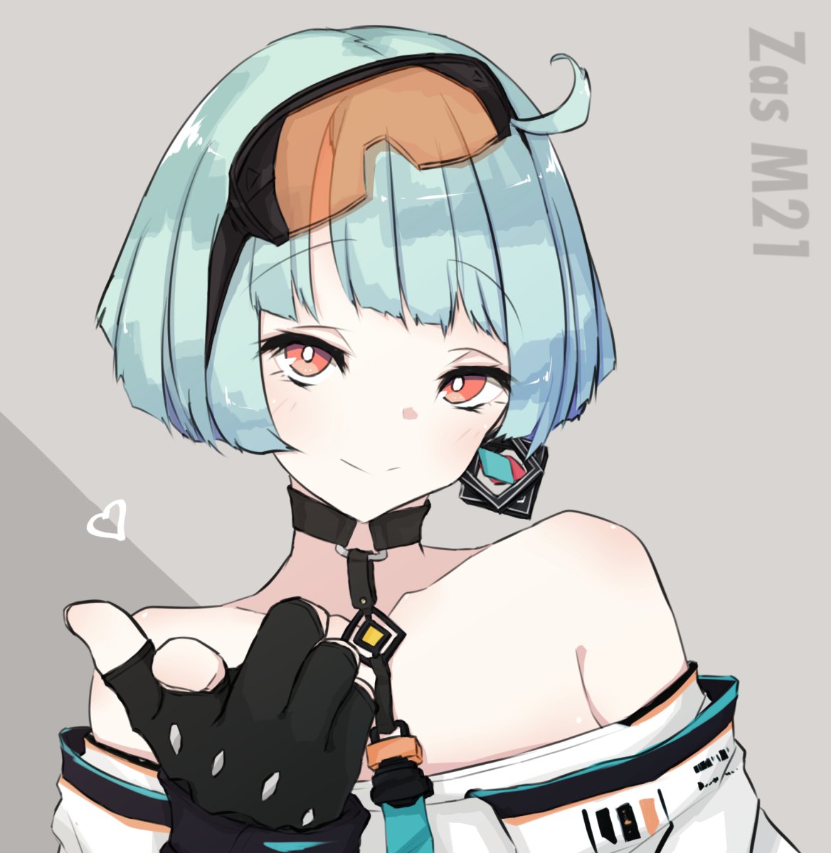 1girl ahoge aqua_necktie bare_shoulders black_choker black_gloves blue_hair blunt_bangs bob_cut character_name choker collarbone commentary earrings fingerless_gloves girls_frontline gloves goggles goggles_on_head grey_background heart highres jewelry looking_at_viewer multicolored_nails necktie off-shoulder_shirt off_shoulder orange-tinted_eyewear orange_eyes pointing pointing_at_viewer shirt short_hair smile solo tinted_eyewear two-tone_background upper_body yamasemi_(yy8023) zas_m21_(girls'_frontline)