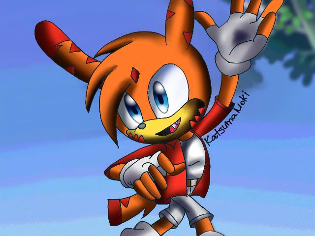 blue_eyes fang gloves jacket katsuma_moki open_mouth orange_hair pants rabbit_ears red_hair smile tail waving