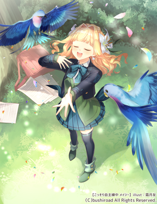 1girl :d ankle_boots aqua_bow aqua_bowtie aqua_nails aqua_skirt bag bird black_jacket black_thighhighs blazer blonde_hair blue_bird blunt_bangs boots bow bowtie bush cardfight!!_vanguard closed_eyes collared_shirt copyright cropped_jacket earrings falling_petals flower flower_earrings full_body grass green_footwear green_vest hair_flower hair_intakes hair_ornament hand_on_own_chest jacket jewelry lapels light_particles lily_(flower) long_hair long_sleeves music notched_lapels official_art ori_simo outstretched_arm petals pleated_skirt school_uniform sheet_music shirt singing skirt smile solo standing teeth thigh-highs tree upper_teeth_only vest wavy_hair white_flower white_lily white_shirt
