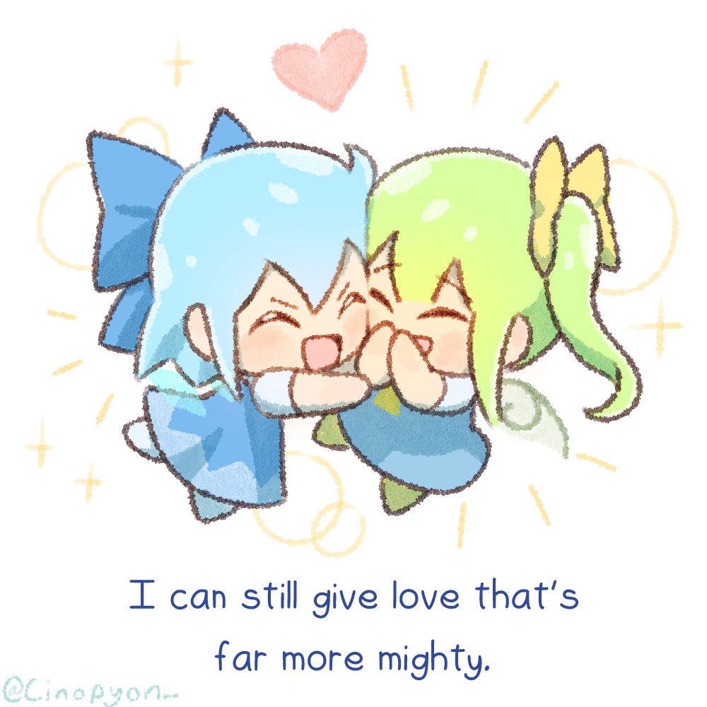 2girls :d ^_^ blue_dress blue_hair cirno closed_eyes commentary daiyousei dress english_commentary english_text full_body green_hair green_tea_reimu heart multiple_girls open_mouth short_hair short_sleeves side_ponytail simple_background smile touhou twitter_username white_background
