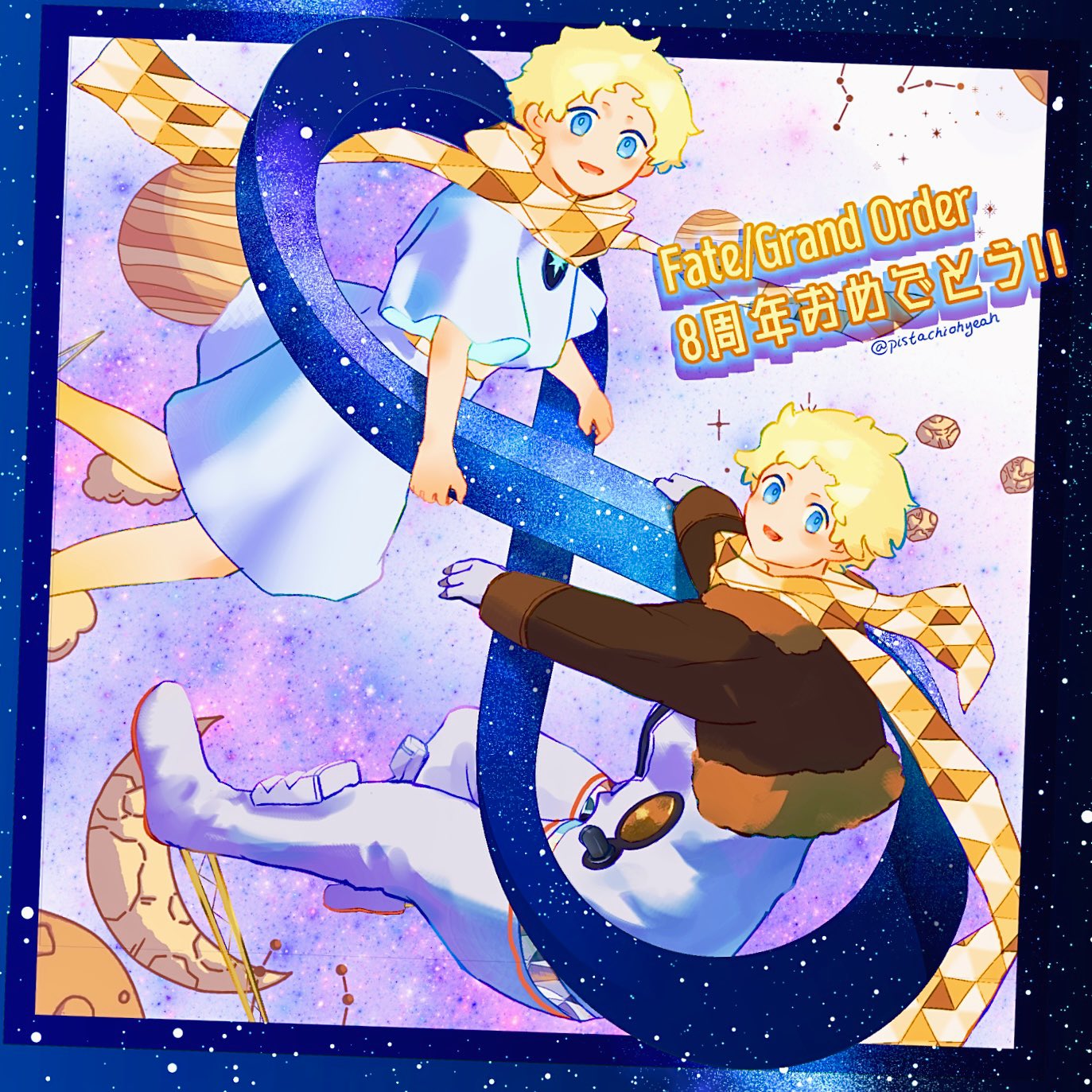 2boys anniversary baggy_clothes blonde_hair bright_pupils clone fate/grand_order fate/requiem fate_(series) floating highres infinity_symbol jacket looking_at_viewer male_focus multiple_boys parted_bangs pistachiohyeah scarf short_hair space spacesuit star_(sky) voyager_(fate) voyager_(third_ascension)_(fate) white_tunic yellow_scarf