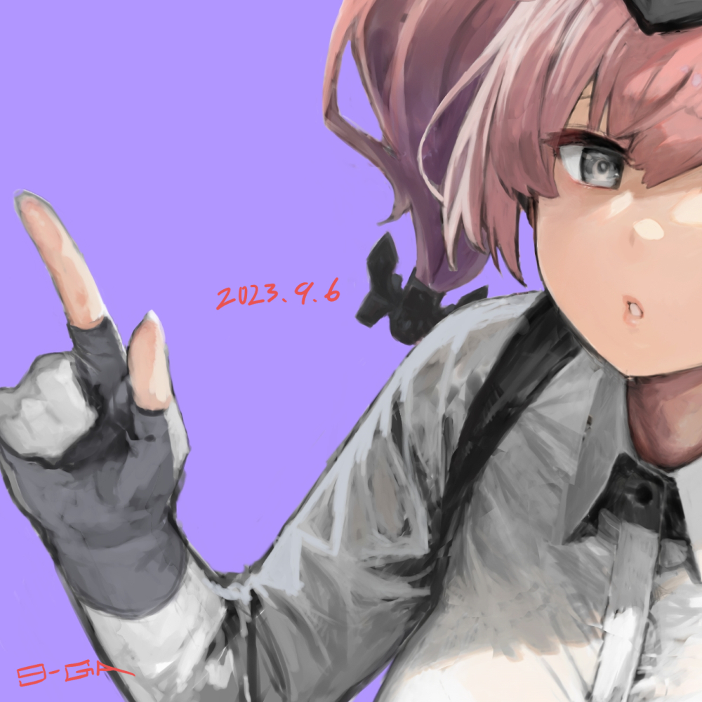 9-ga anchor_hair_ornament atlanta_(kancolle) black_headwear breasts brown_hair dated dress_shirt gloves grey_eyes hair_ornament index_finger_raised kantai_collection large_breasts long_hair long_sleeves parted_lips partially_fingerless_gloves purple_background shirt suspenders two_side_up upper_body white_gloves white_shirt