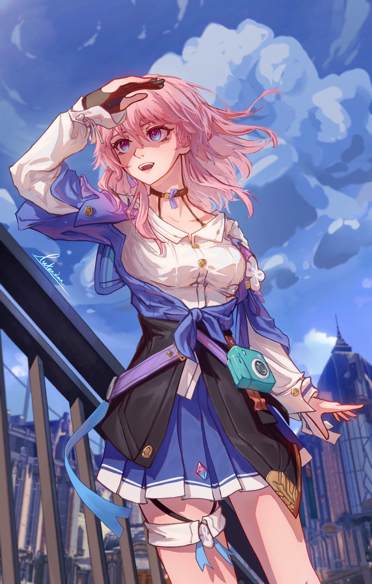 1girl archery_shooting_glove artist_name black_choker black_corset black_gloves blue_eyes blue_jacket blue_skirt blue_sky breasts building buttons camera choker clouds cloudy_sky collarbone corset cowboy_shot earrings flower_ornament gloves hand_up highres honkai:_star_rail honkai_(series) jacket jewelry long_sleeves looking_afar lutaerian march_7th_(honkai:_star_rail) medium_breasts medium_hair miniskirt open_hands open_mouth partially_fingerless_gloves pink_eyes pink_hair pleated_skirt shading_eyes shirt single_earring single_glove skirt sky teeth thigh_strap tied_jacket two-tone_eyes white_shirt