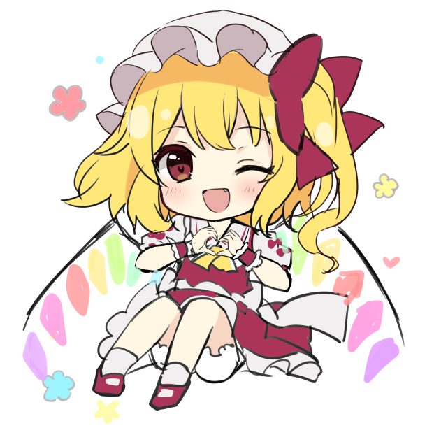 1girl blonde_hair blush collared_shirt crystal fang flandre_scarlet frilled_skirt frills full_body hat long_hair mob_cap one_eye_closed open_mouth puffy_short_sleeves puffy_sleeves red_eyes red_footwear red_skirt red_vest ruhika shirt shoes short_sleeves simple_background skirt smile socks touhou vest white_background white_headwear white_shirt white_socks wings