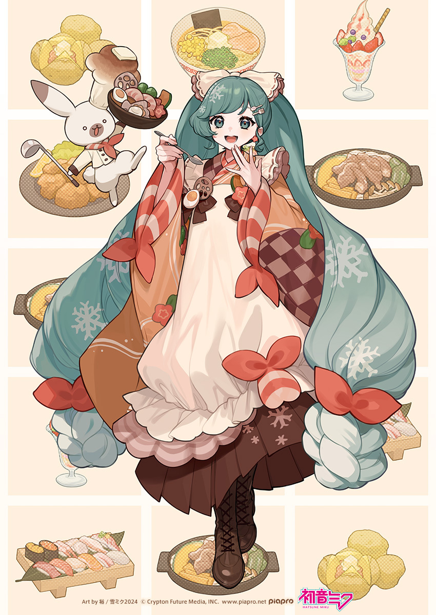 1girl animal apron aqua_eyes aqua_hair blueberry boots bow bowl brown_footwear brown_hakama brown_ribbon buttons carrot_slice checkered_background checkered_clothes checkered_kimono chef_hat commentary_request cross-laced_footwear crypton_future_media cup dot_nose double-breasted earrings egg fingernails food food-themed_clothes food-themed_hair_ornament food_request fork_hair_ornament fried_chicken fruit full_body hair_bow hair_ornament hair_ribbon hairclip hakama hakama_skirt hands_up happy hardboiled_egg hat hatsune_miku highres holding holding_bowl holding_food holding_spoon ice_cream japanese_clothes jewelry kappougi kimono lace-up_boots lemon lemon_slice lettuce long_hair low-tied_long_hair low_twintails mint neckerchief noodles official_art open_mouth orange_kimono piapro plate rabbit rabbit_yukine ramen red_bow red_neckerchief red_pupils ribbon shrimp_hair_ornament sidelocks simple_background skirt smile snowflake_print solo spoon spoon_hair_ornament strawberry sushi swept_bangs tsurime twintails two-tone_background very_long_hair vocaloid wavy_hair white_apron white_background white_ribbon yellow_background yuki_miku yuki_miku_(2024) yuu_(higashi_no_penguin)
