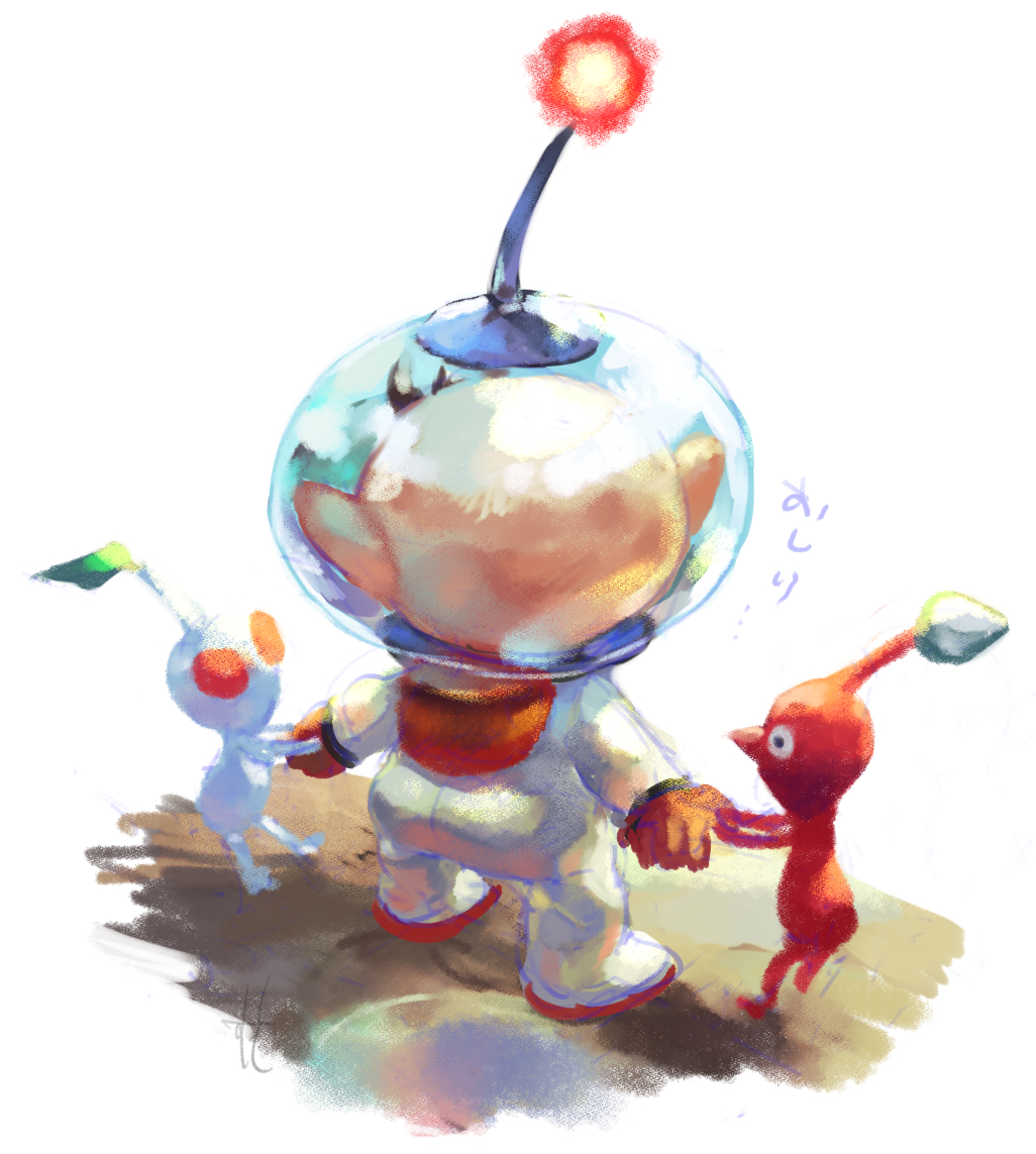 1boy alien backpack bag black_eyes brown_hair bud colored_skin commentary_request dirt from_behind full_body gloves hand_on_another's_hand helmet human_tug_of_war leaf mudani_narimasu no_mouth olimar pikmin_(creature) pikmin_(series) pointy_ears radio_antenna red_bag red_eyes red_gloves red_light red_pikmin red_skin shadow short_hair solid_circle_eyes space_helmet spacecraft very_short_hair white_background white_pikmin white_skin