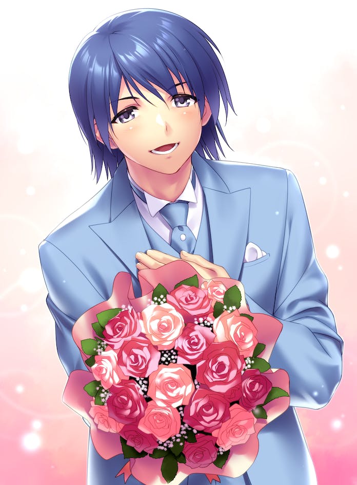 1boy angel_beats! black_necktie blue_eyes blue_hair blue_suit bouquet collared_shirt commentary_request commission eyelashes flower gradient_background hair_between_eyes hand_up hinata_hideki holding holding_bouquet incoming_gift light_blush long_sleeves looking_at_viewer lower_teeth_only necktie open_mouth pink_background pink_flower pink_rose red_flower red_rose rose shirt short_hair simple_background skeb_commission smile solo stab suit teeth upper_body white_flower white_rose white_shirt zen_(kamuro)