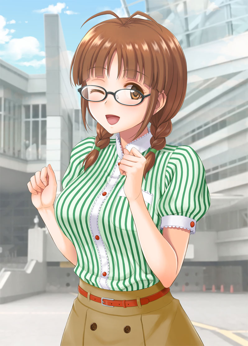 1girl akizuki_ritsuko antenna_hair belt black-framed_eyewear blue_sky blurry blurry_background blush braid breasts brown_belt brown_eyes brown_hair brown_skirt building clenched_hands clouds day glasses green_shirt hair_over_shoulder hair_tie hands_up hida_tatsuo idolmaster idolmaster_(classic) idolmaster_million_live! idolmaster_million_live!_theater_days large_breasts long_hair looking_at_viewer one_eye_closed open_mouth outdoors shirt short_hair short_sleeves skirt sky smile solo stairs striped striped_shirt traffic_cone twin_braids upper_body window