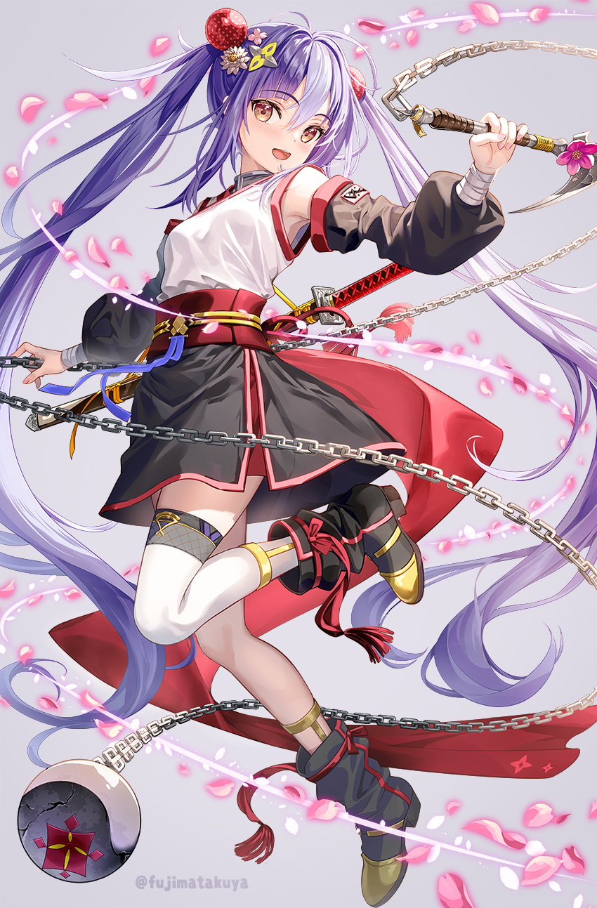1girl :d bare_shoulders black_footwear black_skirt black_sleeves boots breasts brown_eyes chain commentary_request copyright_request detached_sleeves flower fujima_takuya full_body grey_background hair_between_eyes hair_flower hair_ornament highres holding holding_weapon katana long_hair long_sleeves ninja petals pink_flower puffy_long_sleeves puffy_sleeves purple_hair sheath sheathed shuriken_hair_ornament simple_background single_thighhigh skirt small_breasts smile solo sword thigh-highs thighhighs_under_boots twintails twitter_username very_long_hair weapon weapon_request white_flower white_thighhighs
