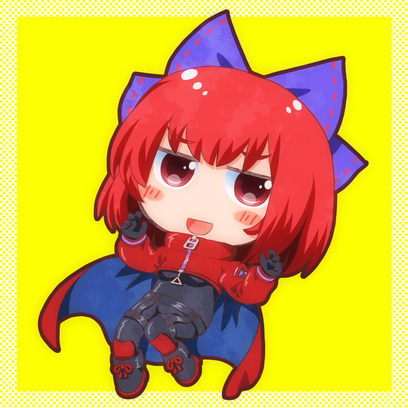 1girl adapted_costume akatsuki_records alternate_costume black_bodysuit blue_bow bodysuit boots border bow cape capelet catsuit chibi cloak commentary_request full_body hair_bow long_sleeves matty_(zuwzi) red_cape red_cloak red_eyes redhead ribbon-trimmed_bow rock_'n'_rock_'n'_beat sekibanki short_hair simple_background skin_tight solo touhou two-sided_cape two-sided_fabric two-tone_cape white_border zipper