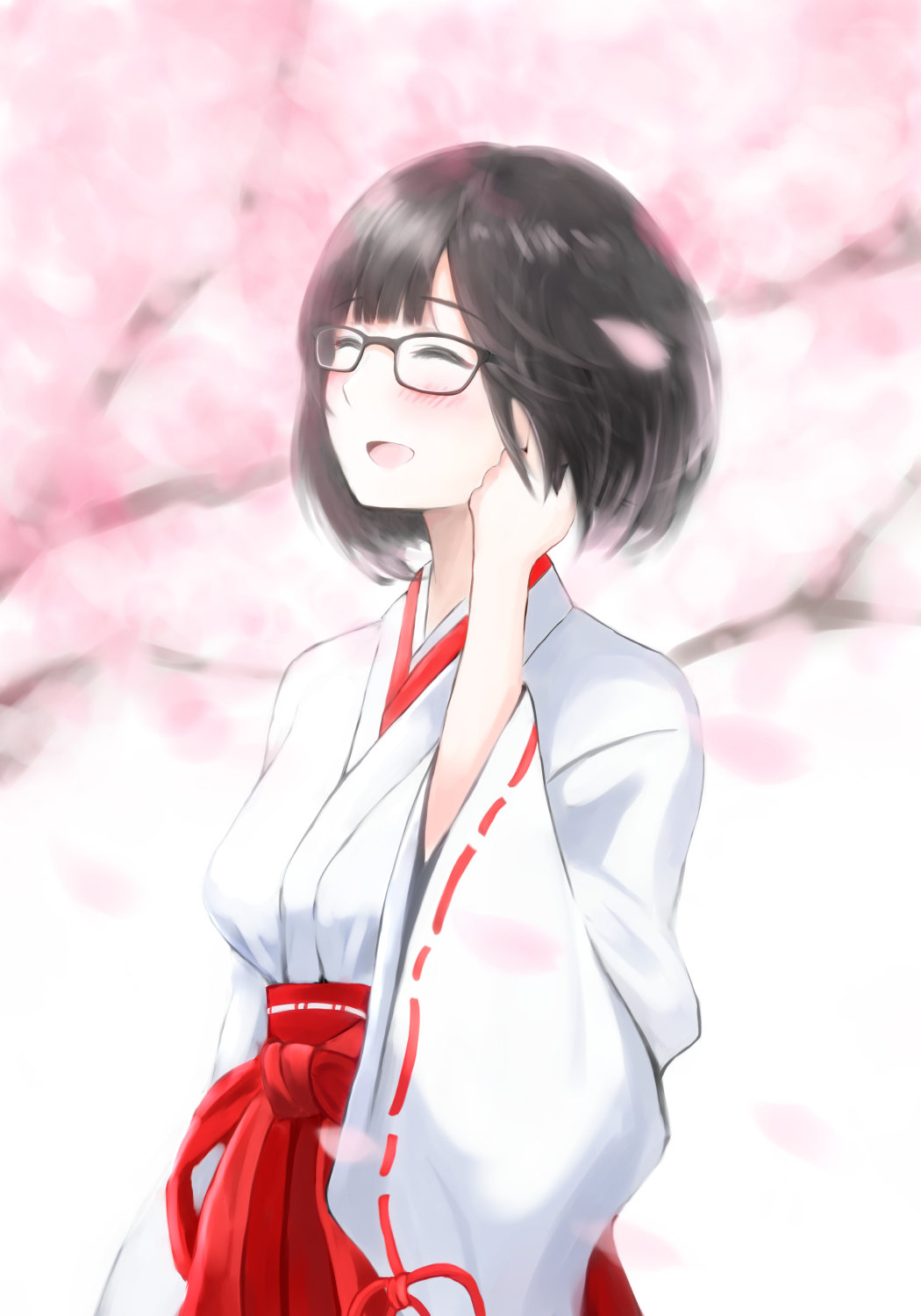 1girl akito1218 black_hair branch cherry_blossoms closed_eyes glasses hakama highres japanese_clothes kimono long_sleeves miko open_mouth original outdoors petals red_hakama ribbon-trimmed_sleeves ribbon_trim short_hair simple_background smile solo tree white_background white_kimono wide_sleeves wind wind_lift