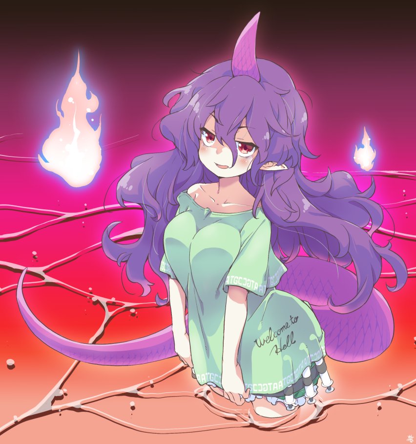 blush breasts clothes_writing collarbone commentary_request english_text fire frilled_shorts frills gradient_background green_shirt green_shorts hair_between_eyes hitodama holster horns in_water long_hair long_tail looking_ahead medium_breasts messy_hair open_mouth pointy_ears purple_hair purple_tail red_eyes shirt short_sleeves shorts signature simple_background single_horn single_off_shoulder standing syringe syringe_holster tail tanasuke tenkajin_chiyari thigh_holster tongue touhou water