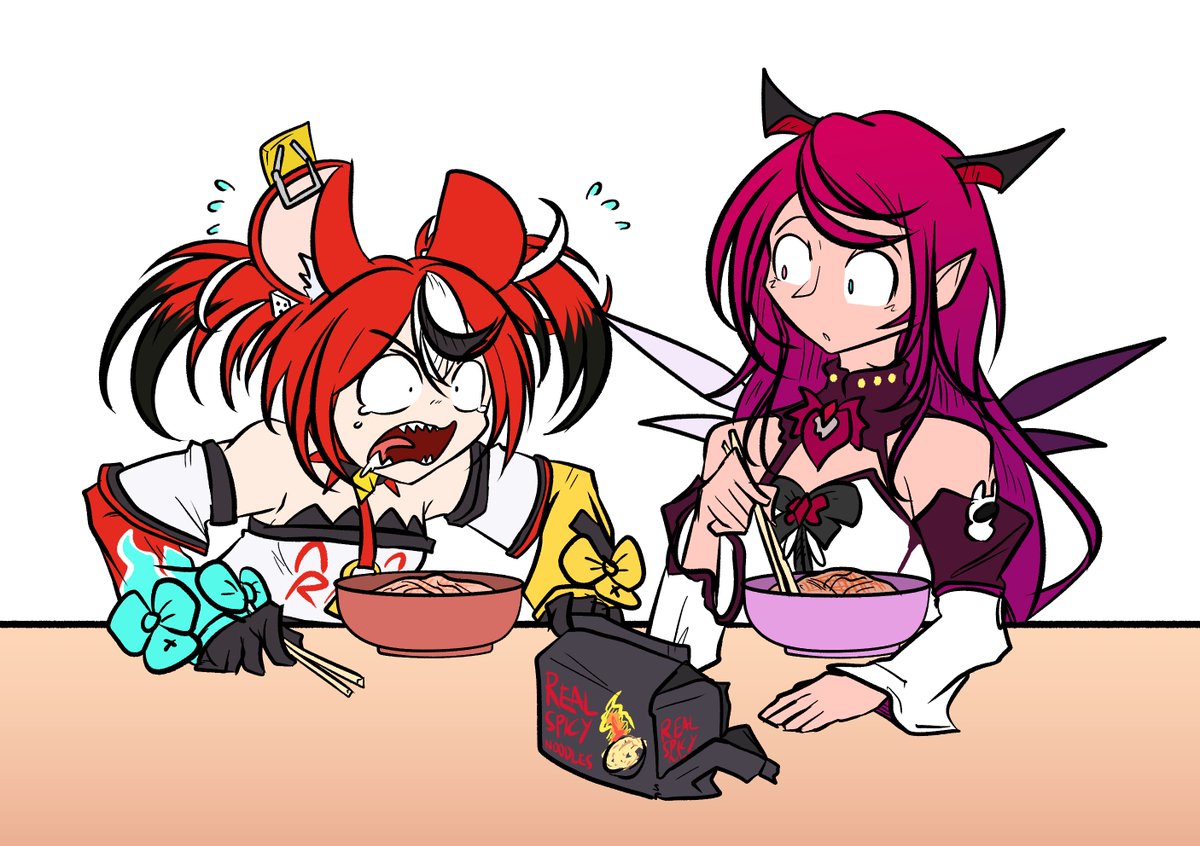2girls animal_ears black_hair blue_eyes bow bowl chopsticks emeruga hair_ornament hakos_baelz hololive hololive_english horns irys_(hololive) long_hair mouse_ears mouse_girl mousetrap multicolored_hair multiple_girls pointy_ears purple_hair redhead shirt spicy streaked_hair twintails very_long_hair virtual_youtuber white_hair