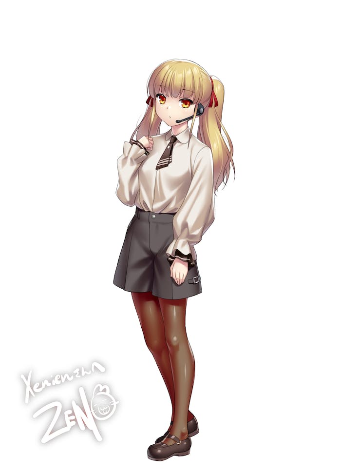 1girl alternate_costume angel_beats! black_footwear black_necktie black_skirt blonde_hair blunt_bangs brown_pantyhose closed_mouth commentary commission earpiece english_commentary expressionless full_body hair_ribbon hand_up long_hair long_sleeves looking_at_viewer mary_janes miniskirt necktie orange_eyes pantyhose red_ribbon ribbon shirt shoes short_necktie signature simple_background skeb_commission skirt solo standing straight_hair twintails white_background white_shirt yusa_(angel_beats!) zen_(kamuro)
