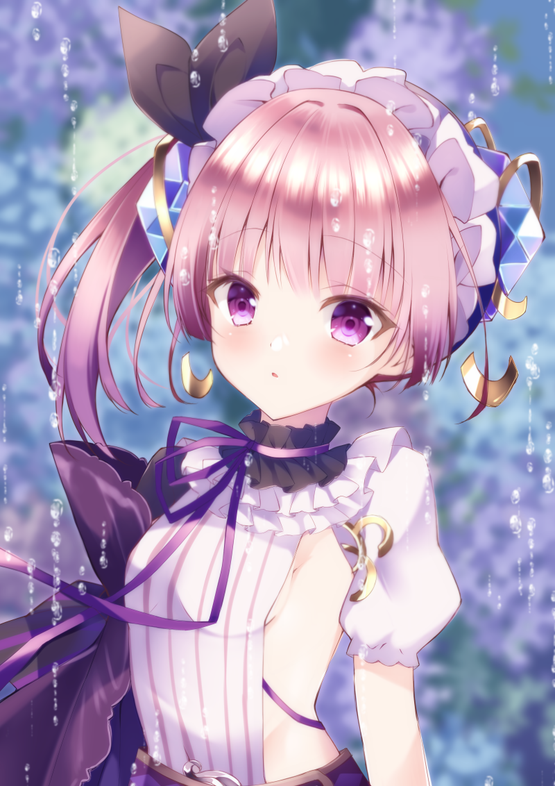 1girl atelier_(series) atelier_lydie_&amp;_suelle black_bow blunt_bangs blush bow choker detached_sleeves headdress looking_at_viewer lydie_marlen open_mouth outdoors pink_eyes pink_hair purple_ribbon ribbon ribbon_choker shizuki_ayame short_hair side_ponytail sideless_outfit single_detached_sleeve solo striped water_drop