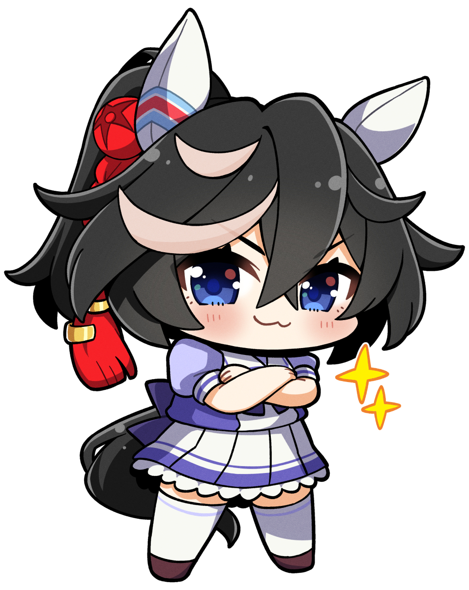 1girl :3 animal_ears back_bow black_hair blue_eyes blush bow brown_footwear chibi closed_mouth commentary_request crossed_arms ear_covers full_body hair_between_eyes hair_ornament highres horse_ears horse_girl horse_tail katsuragi_ace_(umamusume) looking_at_viewer medium_hair multicolored_hair petticoat pleated_skirt plover ponytail puffy_short_sleeves puffy_sleeves purple_bow purple_shirt school_uniform shirt short_sleeves simple_background skirt solo sparkle streaked_hair summer_uniform tail thigh-highs tracen_school_uniform umamusume white_background white_hair white_skirt white_thighhighs