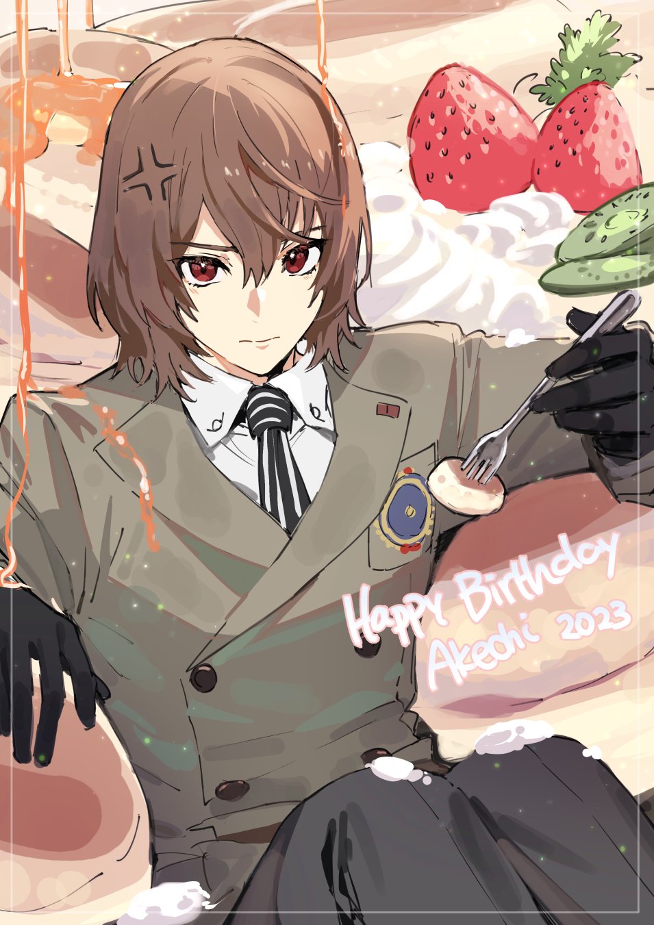 1boy akechi_gorou anger_vein black_gloves black_pants brown_hair cezaria closed_mouth collared_shirt commentary food fork fruit gloves grey_jacket hair_between_eyes happy_birthday highres holding holding_fork jacket knees_up long_sleeves looking_at_viewer male_focus necktie pancake pants persona persona_5 red_eyes shirt short_hair sitting solo strawberry syrup whipped_cream white_shirt
