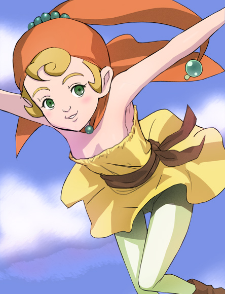 1girl bandana bare_shoulders blonde_hair blush breasts capelet character_request clouds dress green_eyes haruyama_kazunori looking_at_viewer retro_artstyle short_hair skirt small_breasts smile solo yellow_dress