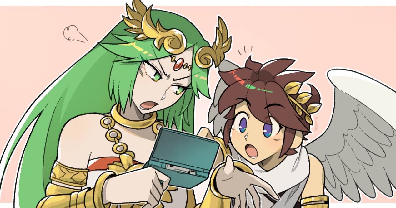 1boy 1girl angel angel_wings armlet blue_eyes blushily border brown_hair derivative_work forehead_jewel green_eyes green_hair handheld_game_console kid_icarus kid_icarus_uprising laurel_crown long_hair looking_at_another nintendo_3ds open_mouth outside_border palutena pit_(kid_icarus) screencap_redraw upper_body v-shaped_eyebrows white_border wings