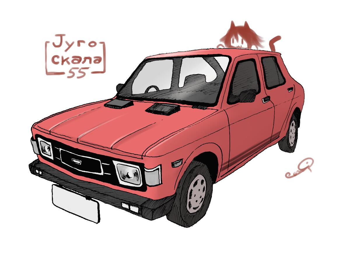 1other :3 animal_ears car cat_ears cat_tail commentary_request cyrillic konzu_mei license_plate motor_vehicle original serbo-croatian_text short_hair signature simple_background sketch solid_oval_eyes tail vehicle_focus white_background zastava_automobiles zastava_skala