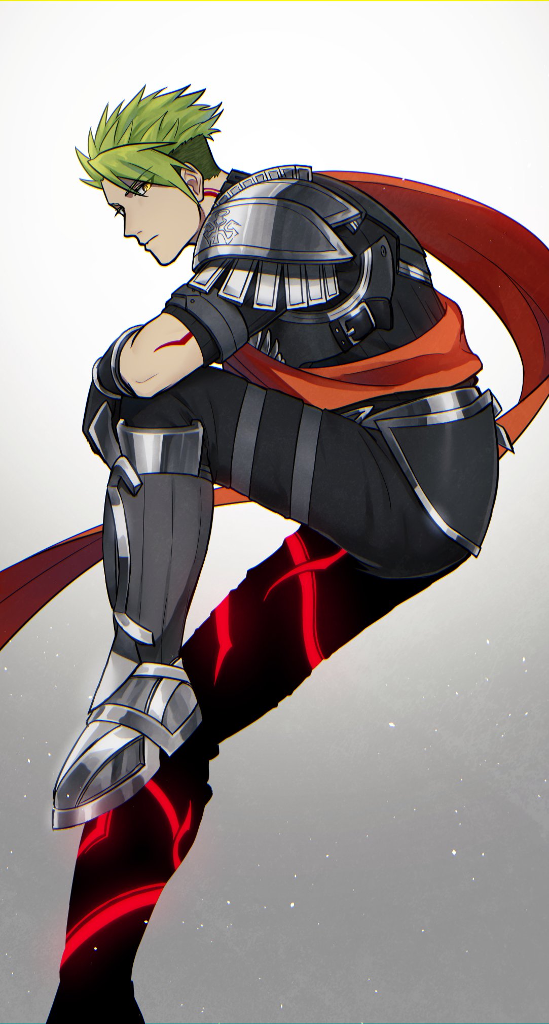 1boy achilles_(fate) armor black_shirt closed_mouth fate/grand_order fate_(series) foot_out_of_frame gradient_background green_hair highres invisible_chair light_particles looking_at_viewer male_focus metal_boots orange_sash pauldrons ribbed_shirt rupoipo shirt short_hair shoulder_armor simple_background sitting solo tattoo undercut white_background