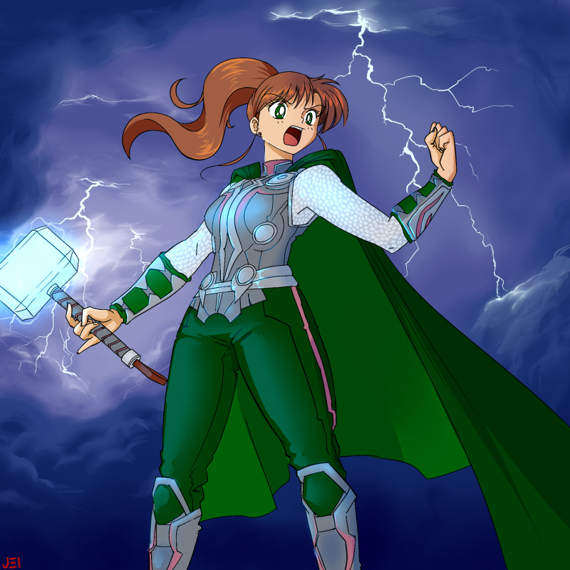 1girl boots breasts brown_hair cape clouds cloudy_sky cosplay earrings green_cape green_eyes green_pants hammer holding holding_hammer jei-shepard jewelry kino_makoto marvel marvel_cinematic_universe pants sailor_jupiter sky solo teeth the_avengers_(2012) thor_(marvel) thor_(marvel)_(cosplay) upper_teeth_only