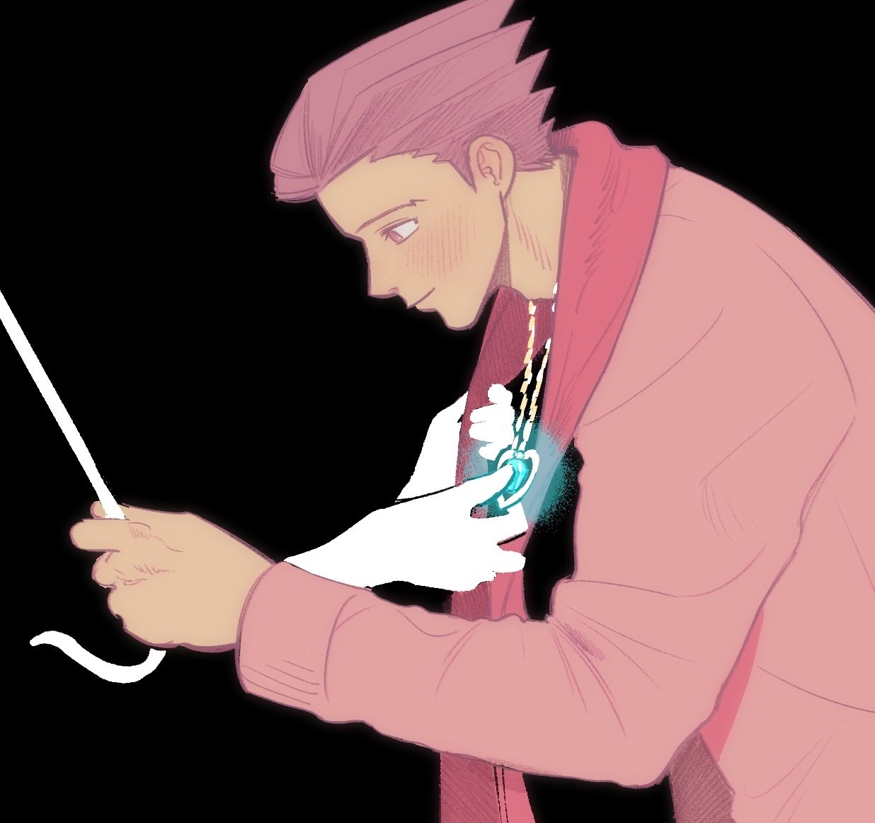 1boy ace_attorney adjusting_scarf black_background blush closed_mouth dahlia_hawthorne from_side glowing heart heart_necklace holding holding_umbrella jewelry leaning_forward long_sleeves looking_down male_focus necklace phoenix_wright pink_sweater profile red_scarf scarf short_hair simple_background smile spiky_hair sweater umbrella upper_body yon13498812