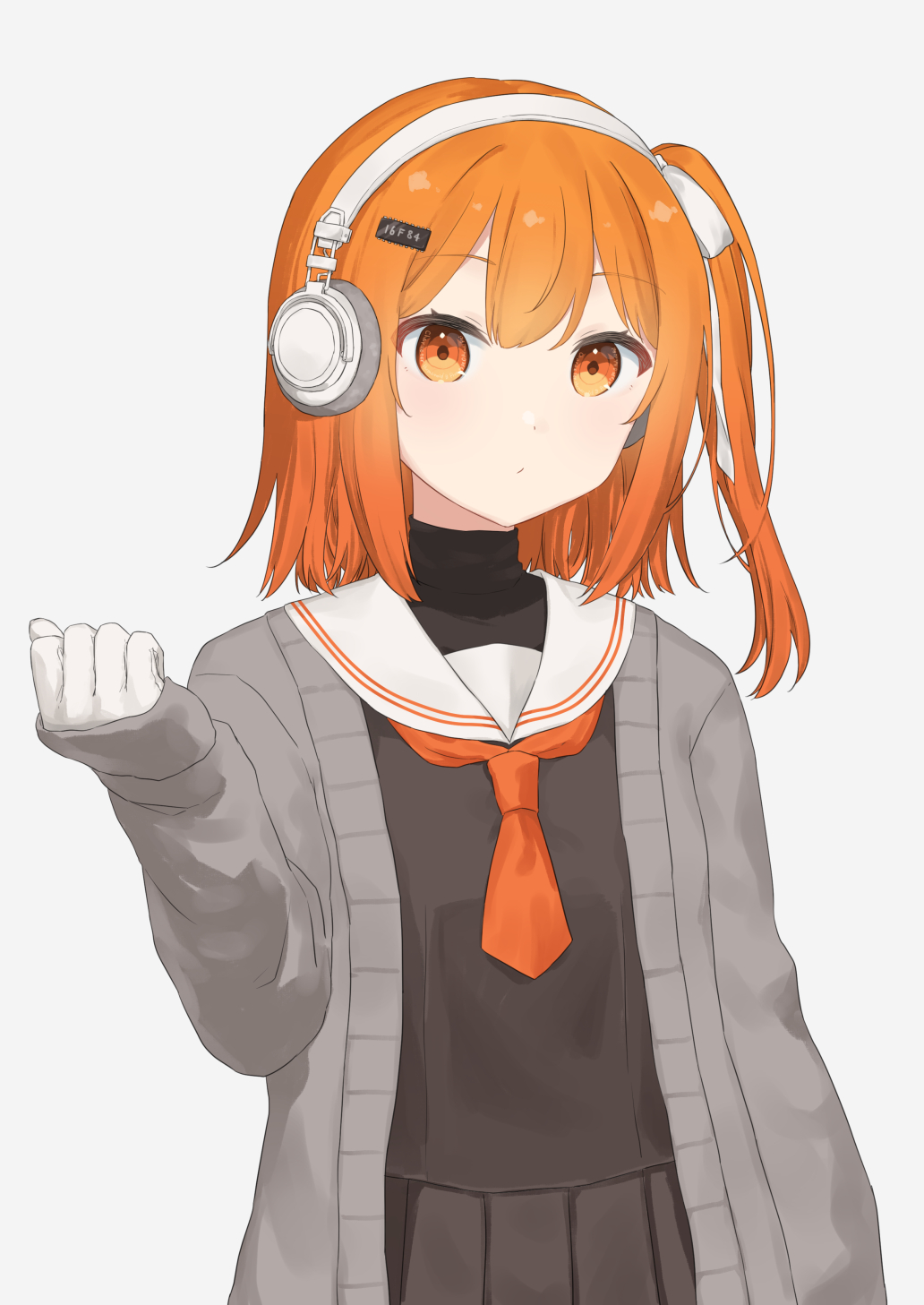 1girl a.i._voice adachi_rei adapted_costume black_undershirt brown_serafuku cardigan clenched_hand closed_mouth commentary_request computer_chip gloves grey_cardigan hair_ornament hair_ribbon hairclip hand_up headphones highres kirima_(zs_at_) light_blush looking_at_viewer medium_hair neckerchief one_side_up open_cardigan open_clothes orange_eyes orange_neckerchief pleated_skirt raised_eyebrows ribbon sailor_collar school_uniform serafuku simple_background skirt sleeves_past_wrists solo turtleneck upper_body utau white_background white_gloves white_ribbon white_sailor_collar