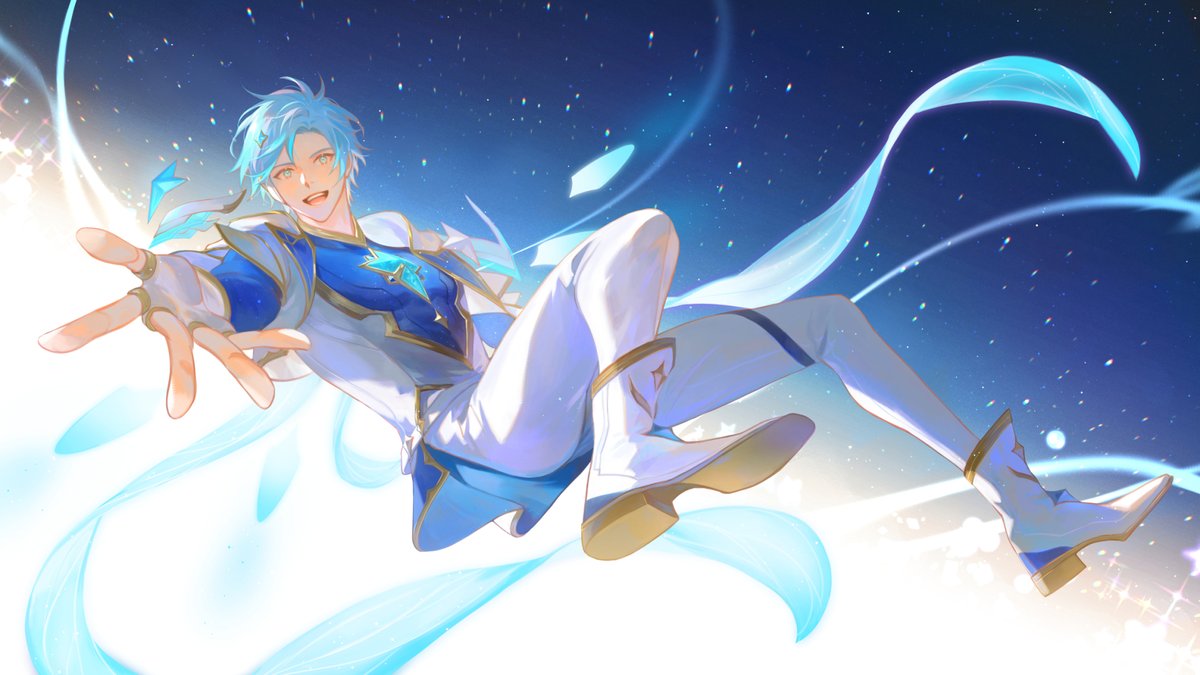 1boy alternate_costume blue_hair blue_sky blush fingerless_gloves flying full_body gloves holostars holostars_english light_particles male_focus official_art open_mouth pants reaching reaching_towards_viewer regis_altare rm-parfait short_hair sky smile solo sparkle teeth thai_commentary upper_teeth_only virtual_youtuber white_footwear white_pants