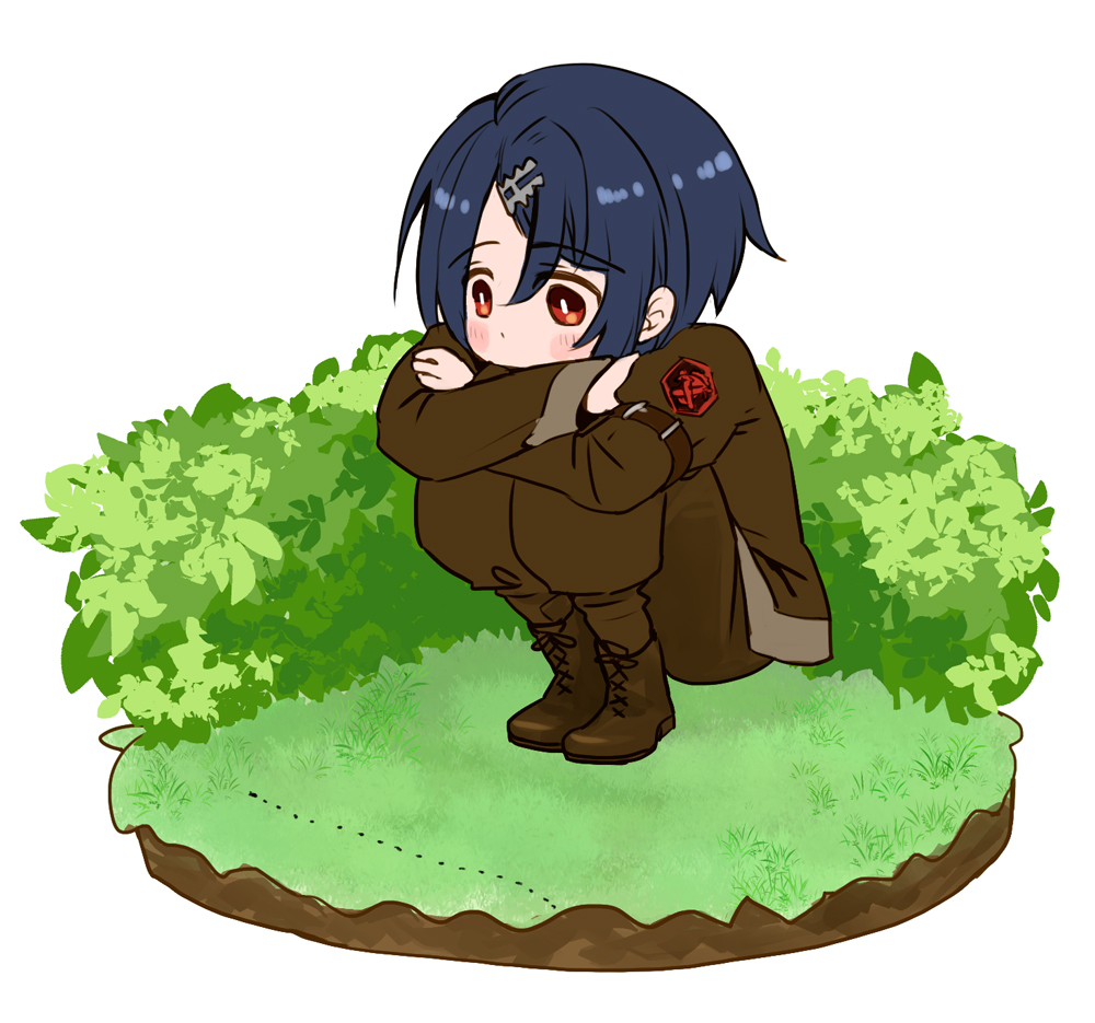 1boy alcryst_(fire_emblem) ant blue_hair blush boots bug chibi feichids fire_emblem fire_emblem_engage grass hair_between_eyes hair_ornament hairclip kneeling official_alternate_costume on_grass red_eyes short_hair solo white_background