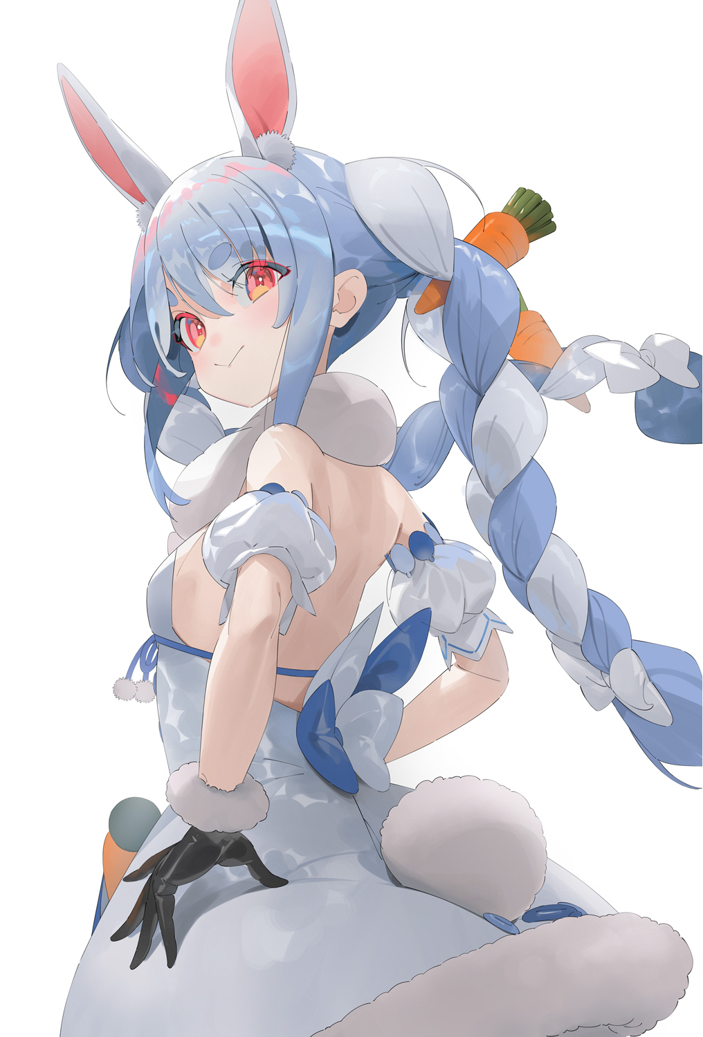 1girl :&gt; animal_ears arm_cuffs black_gloves blue_hair braid breasts carrot carrot_hair_ornament choppy_bangs cropped_legs don-chan_(usada_pekora) dress extra_ears food-themed_hair_ornament gloves hair_ornament hand_on_own_hip highres hololive koyo2023 looking_at_viewer multicolored_hair rabbit_ears rabbit_girl rabbit_tail red_eyes scarf sidelocks small_breasts tail thick_eyebrows turning_head twin_braids two-tone_hair usada_pekora usada_pekora_(1st_costume) virtual_youtuber white_background white_dress white_hair