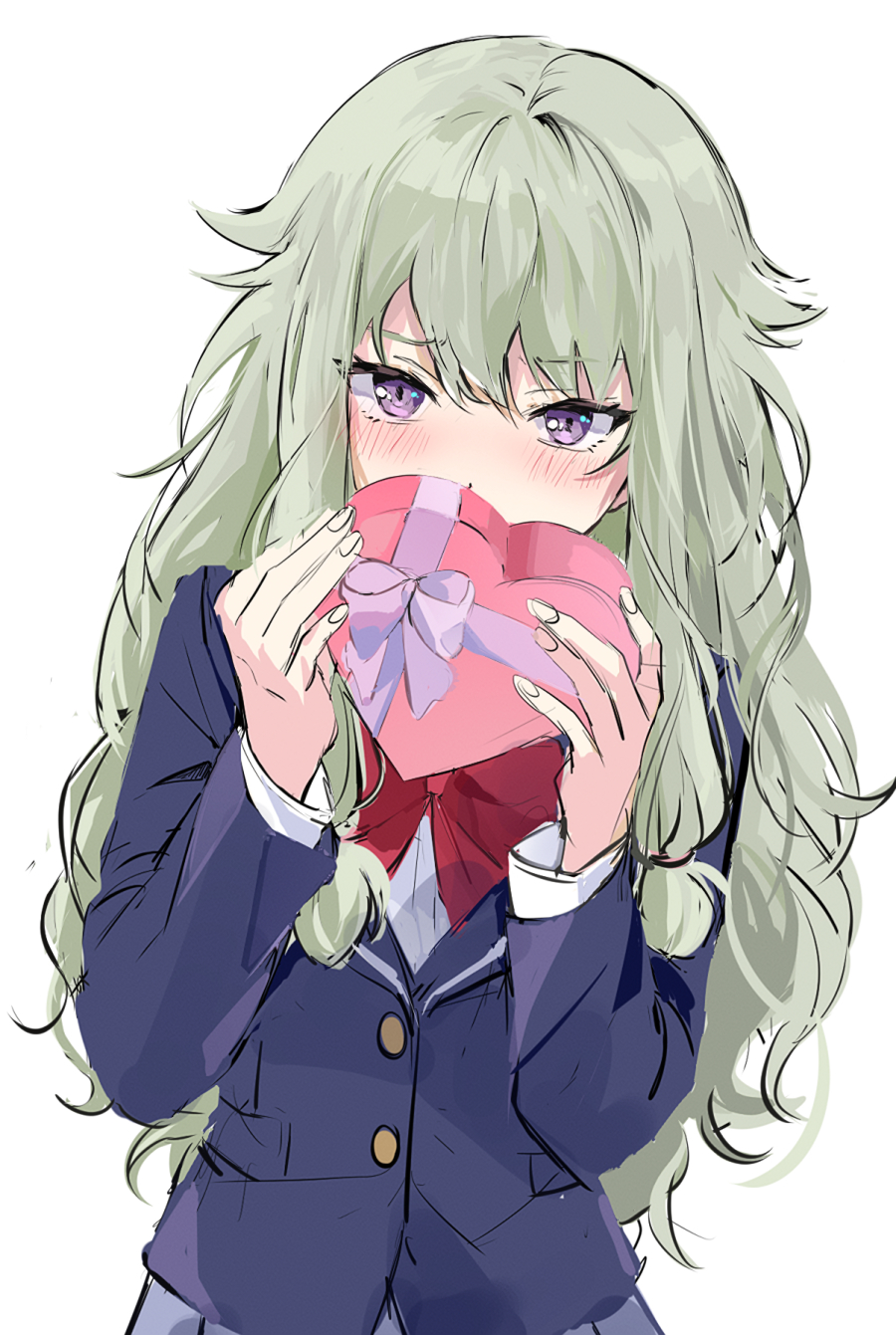 1girl blazer blue_jacket blush bow bowtie box buttons commentary covered_mouth fingernails green_hair hair_flaps hands_up heart-shaped_box highres holding holding_box iwatnc jacket kamiyama_high_school_uniform_(project_sekai) kusanagi_nene long_hair long_sleeves looking_at_viewer low-tied_long_hair project_sekai red_bow red_bowtie school_uniform shirt shy simple_background solo valentine violet_eyes white_background white_shirt