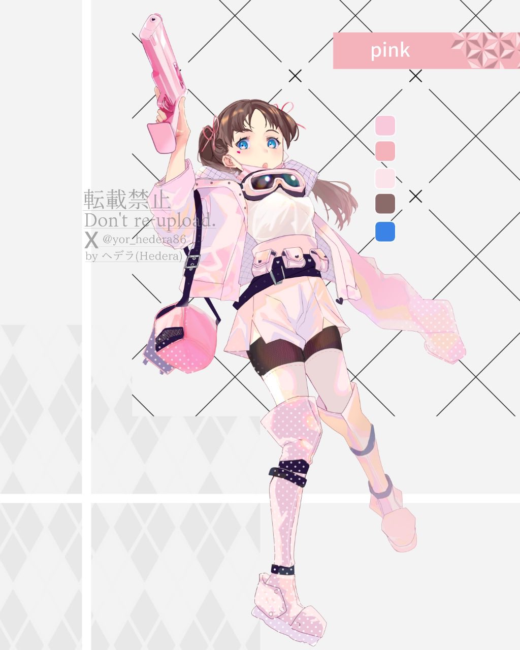 1girl adapted_costume blue_eyes boots brown_hair brown_pantyhose e.g.o_(project_moon) employee_(lobotomy_corporation) full_body goggles goggles_around_neck gun hair_ribbon handgun highres holding holding_weapon lobotomy_corporation looking_at_viewer open_mouth pantyhose pink_footwear pink_ribbon pink_skirt project_moon ribbon skirt solo sweater thigh-highs thigh_boots two_side_up weapon white_sweater white_thighhighs yor_hedera86
