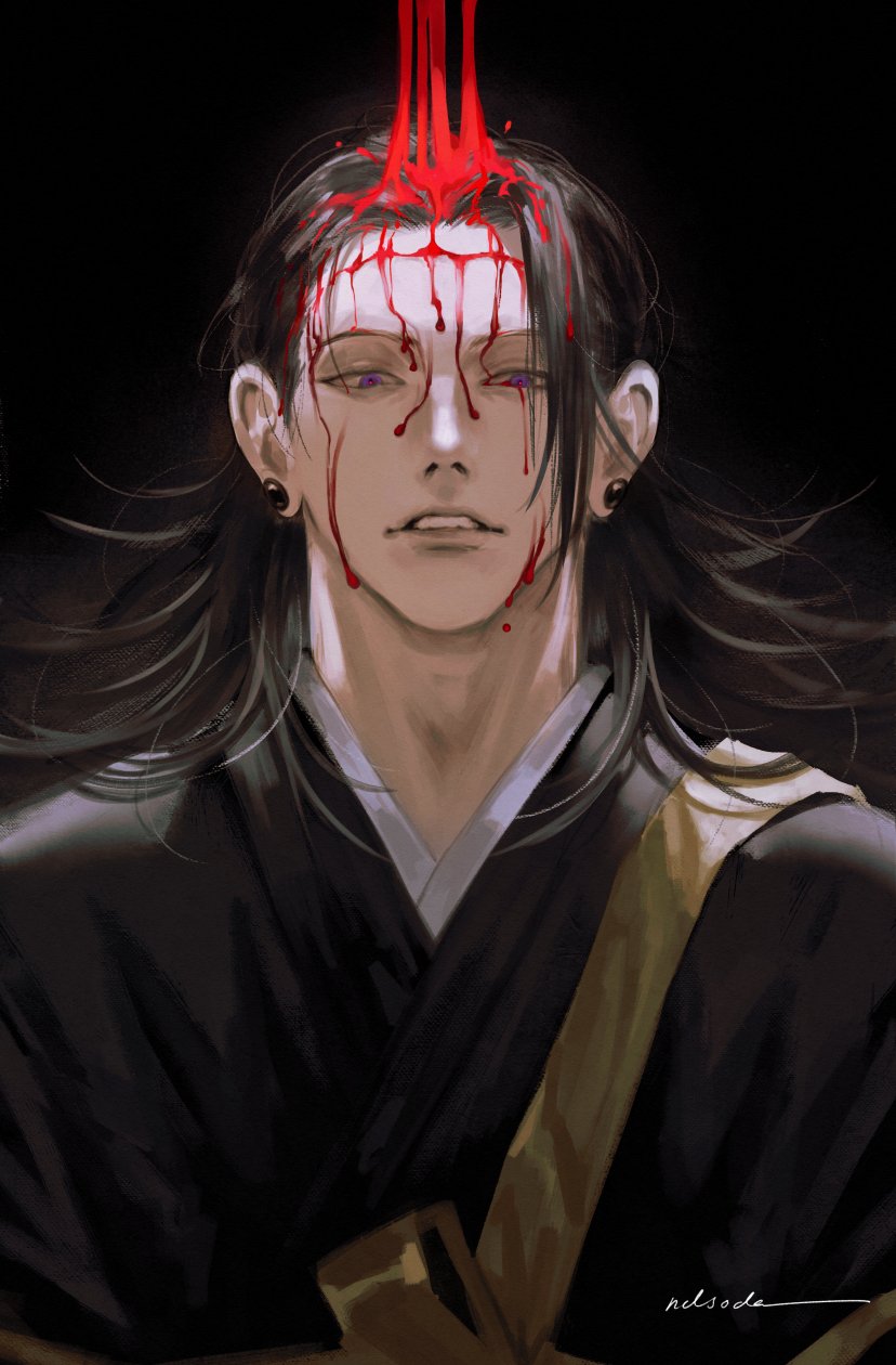 1boy black_hair blood blood_on_face earrings food food_on_head getou_suguru highres japanese_clothes jewelry jujutsu_kaisen kimono looking_at_viewer male_focus medium_hair ndsoda object_on_head solo upper_body
