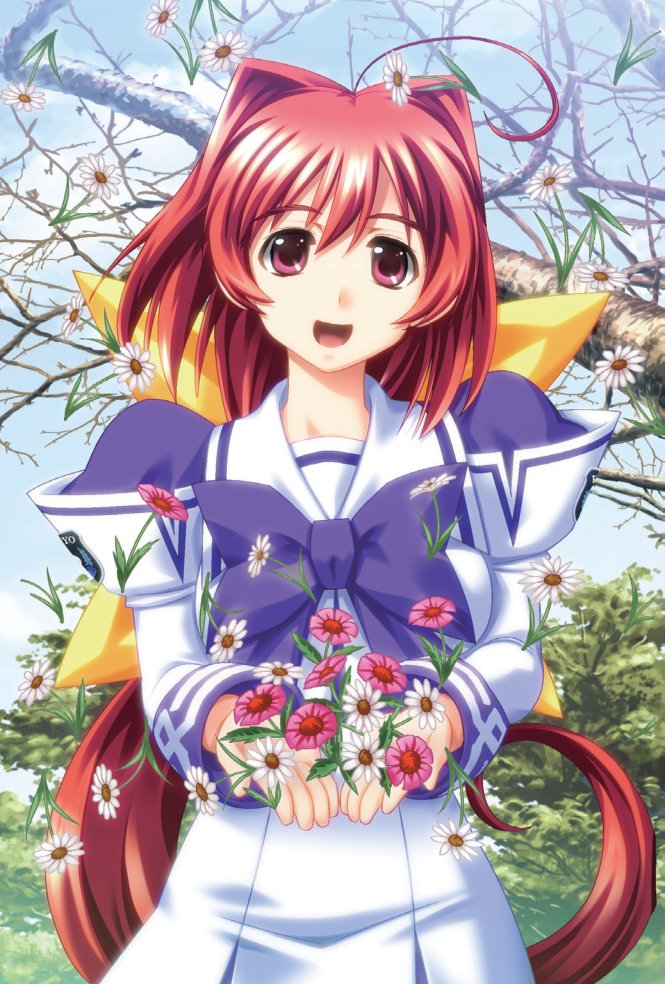 1girl :d ahoge bou bow flower hair_bow hair_intakes hakuryou_high_school_uniform juliet_sleeves kagami_sumika long_hair long_sleeves looking_at_viewer low_ponytail muv-luv official_art open_mouth ponytail puffy_sleeves purple_bow red_eyes redhead ribbon school_uniform skirt smile solo very_long_hair white_skirt yellow_bow yellow_ribbon