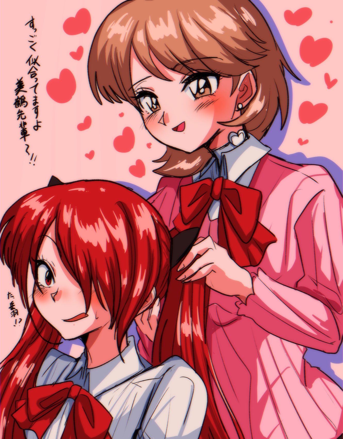 2girls alternate_hairstyle blush bow bowtie breasts brown_eyes brown_hair choker collared_shirt commentary_request earrings gekkoukan_high_school_uniform hair_bow hair_over_one_eye heart highres jewelry kirijou_mitsuru medium_hair multiple_girls open_mouth parted_bangs persona persona_3 pink_background pink_shirt red_bow red_bowtie red_eyes redhead ribbed_shirt school_uniform shadow shirt small_breasts stud_earrings swept_bangs takeba_yukari translation_request twintails tying_another's_hair upper_body white_choker white_shirt yuyuy_00