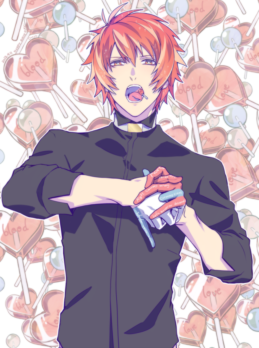 1boy black_shirt blue_gloves candy collar collared_shirt fangs food food-themed_background food_in_mouth gloves hair_between_eyes half_gloves heart heart_lollipop interlocked_fingers ittoki_otoya lollipop looking_at_viewer male_focus meromizawa multicolored_clothes multicolored_gloves open_mouth own_hands_together red_eyes red_gloves redhead shaped_lollipop shirt short_hair sleeves_past_elbows solo teeth upper_body uta_no_prince-sama white_background white_gloves