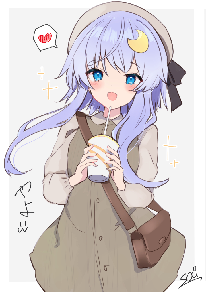 1girl artist_name bag beret blue_eyes blush brown_dress crescent crescent_hair_ornament dress drink drinking_straw grey_headwear hair_ornament hat heart holding holding_drink kantai_collection long_sleeves open_mouth purple_hair short_hair_with_long_locks shoulder_bag sidelocks signature smile solo sou_(soutennkouchi) spoken_heart yayoi_(kancolle)