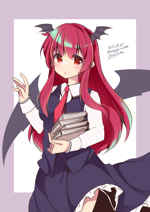 1girl bat_wings black_skirt black_vest book commentary dated enjoy_mix frilled_skirt frills head_wings holding holding_book koakuma long_hair long_sleeves looking_at_viewer multiple_wings necktie one-hour_drawing_challenge parted_lips red_eyes red_necktie redhead shirt signature skirt solo touhou twitter_username vest white_shirt wings