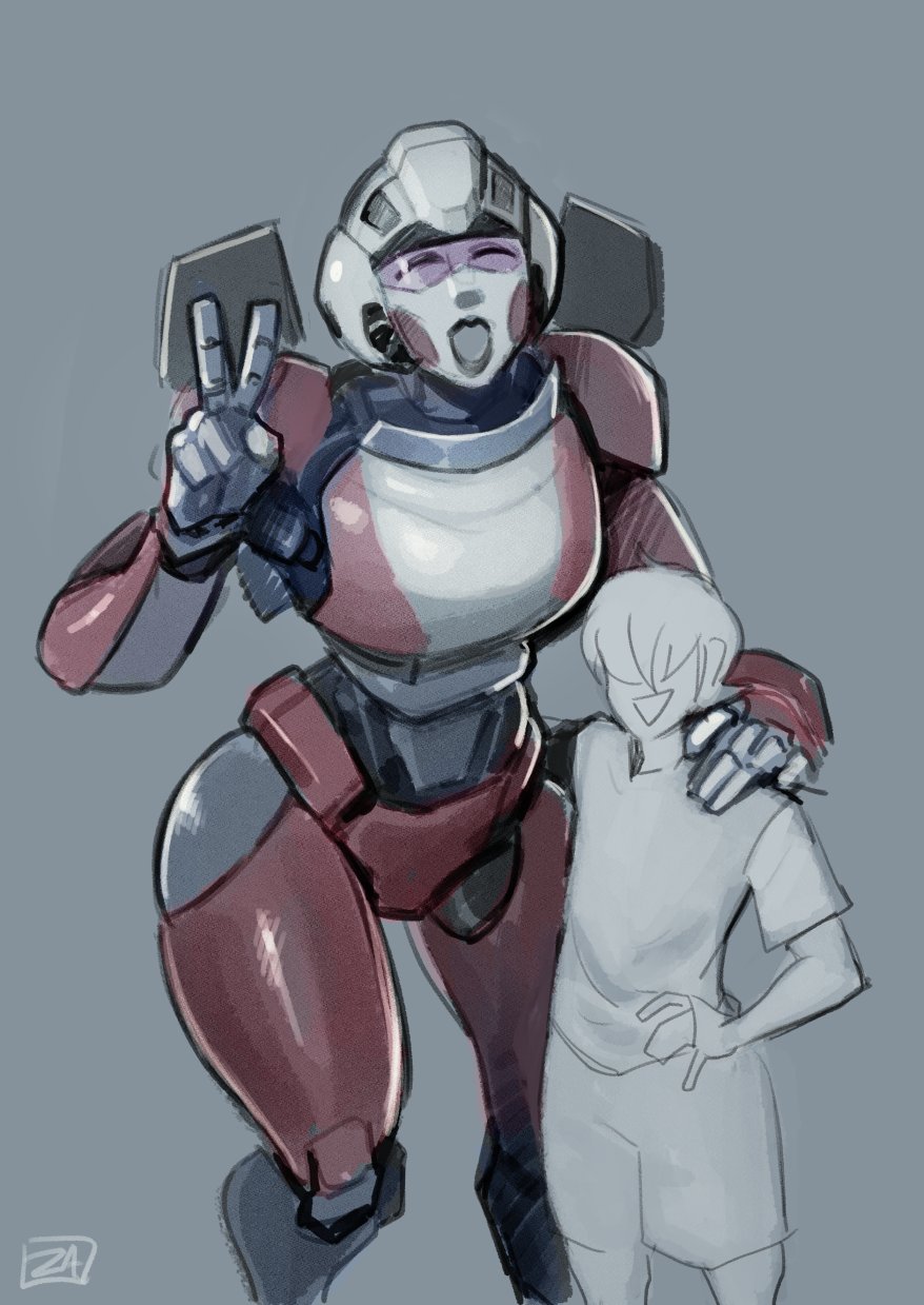 1boy 1girl arcee armor breasts closed_eyes grey_background hand_on_another's_shoulder helmet highres humanoid_robot medium_breasts open_mouth panties red_panties robot size_difference tall_female thighs transformers transformers:_rise_of_the_beasts transformers_(live_action) underwear v zestysauce