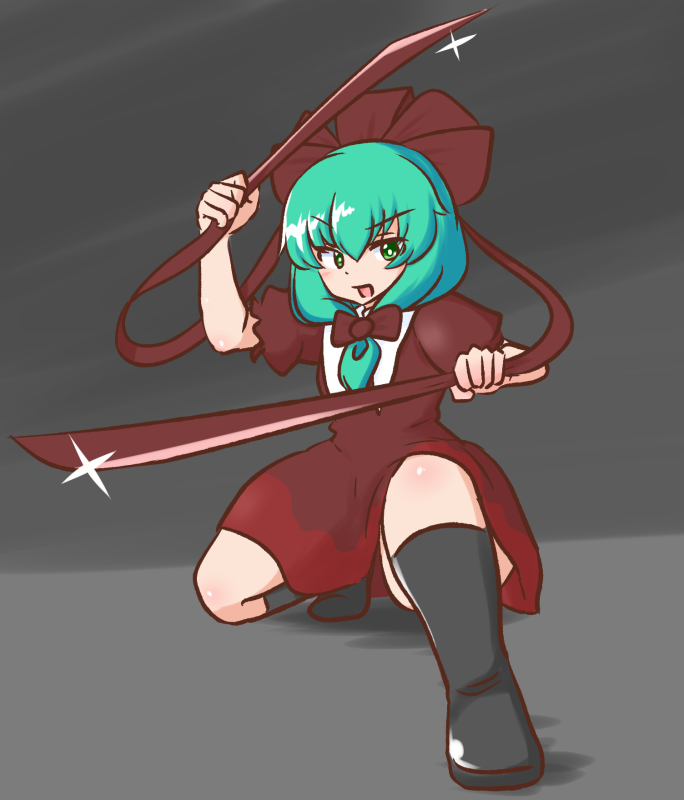 1girl black_background black_footwear boots bow commentary dress english_commentary front_ponytail full_body gradient_background green_eyes green_hair hair_bow hair_ribbon holding holding_sword holding_weapon kagiyama_hina medium_hair mizusoba red_bow red_dress red_ribbon ribbon short_sleeves solo squatting sword touhou weapon