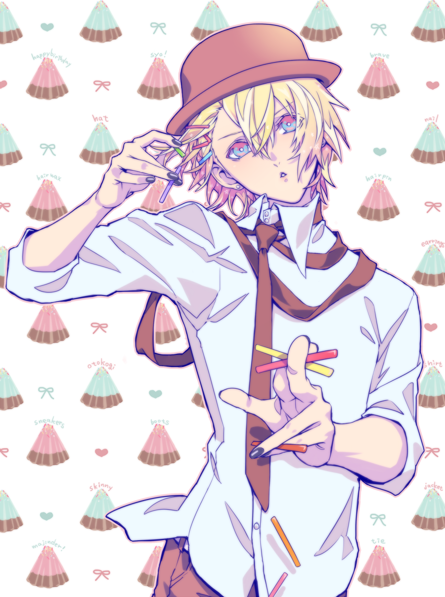 1boy apollo_chocolate asymmetrical_clothes between_fingers black_nails blonde_hair blue_eyes brown_headwear brown_necktie brown_pants chestnut_mouth chocolate collared_shirt dress_shirt earrings food-themed_background hair_behind_ear hair_between_eyes hair_ornament hairclip hairclip_removed hat head_tilt heart heart_background holding holding_hair_ornament jewelry kurusu_shou looking_at_viewer male_focus meromizawa multicolored_eyes nail_polish necktie pants pink_eyes shirt short_hair sleeves_rolled_up solo stud_earrings untucked_shirt upper_body uta_no_prince-sama white_background white_shirt