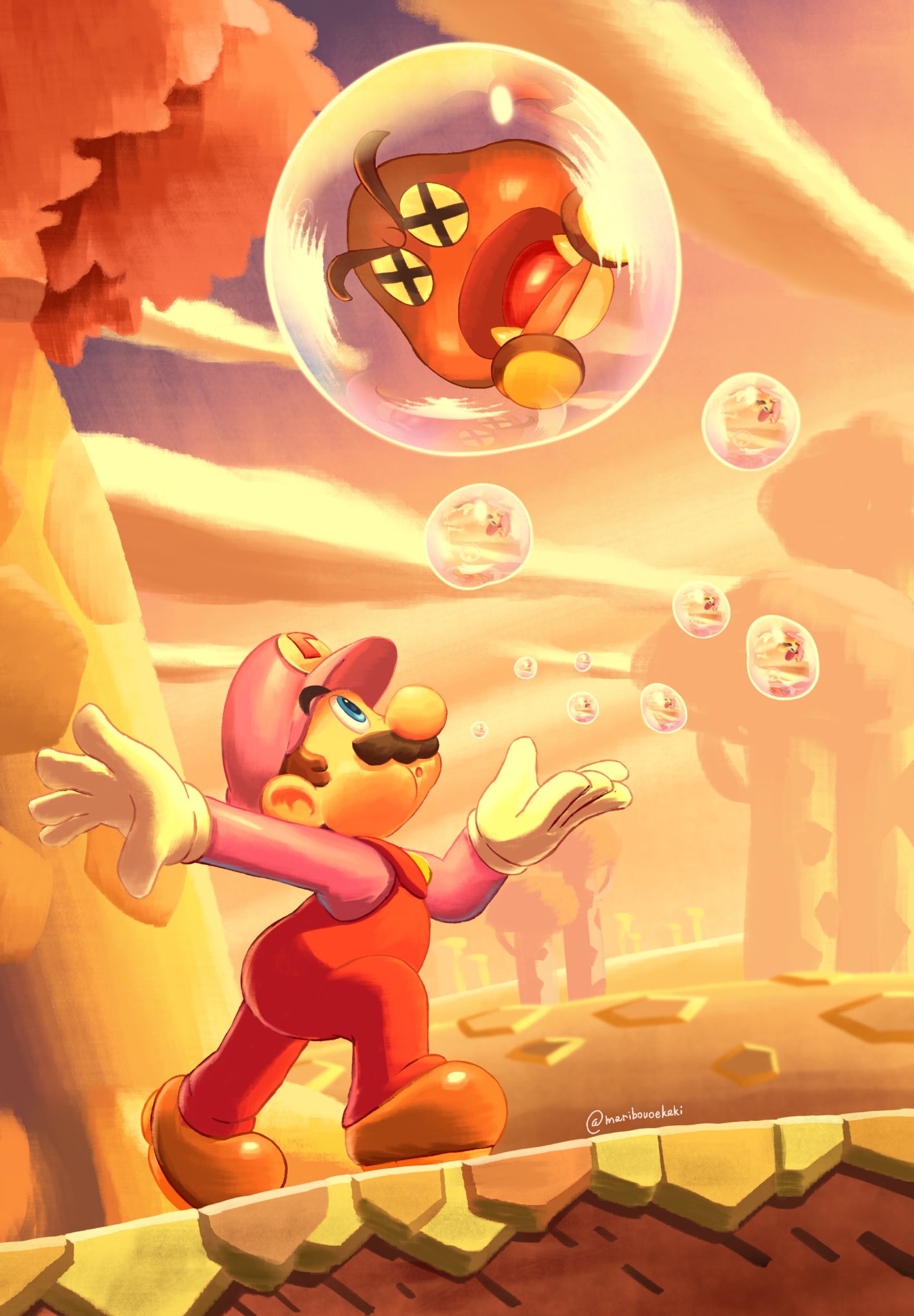 1boy artist_name blue_eyes brown_hair bubble bubble_mario clouds day facial_hair from_side gloves goomba hat highres male_focus maribouoekaki mario mustache open_mouth outdoors overalls pink_headwear pink_shirt red_overalls shirt short_hair sunset super_mario_bros. super_mario_bros._wonder symbol-shaped_pupils tree watermark white_gloves x-shaped_pupils